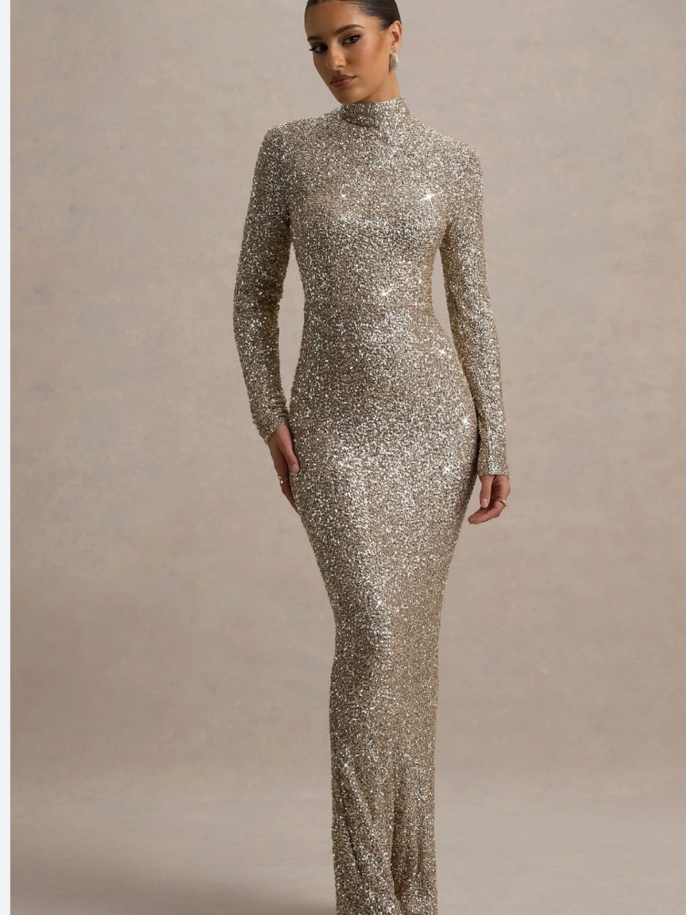 Club L London Full Sequin Long Sleeve High Neck Gown in Gold